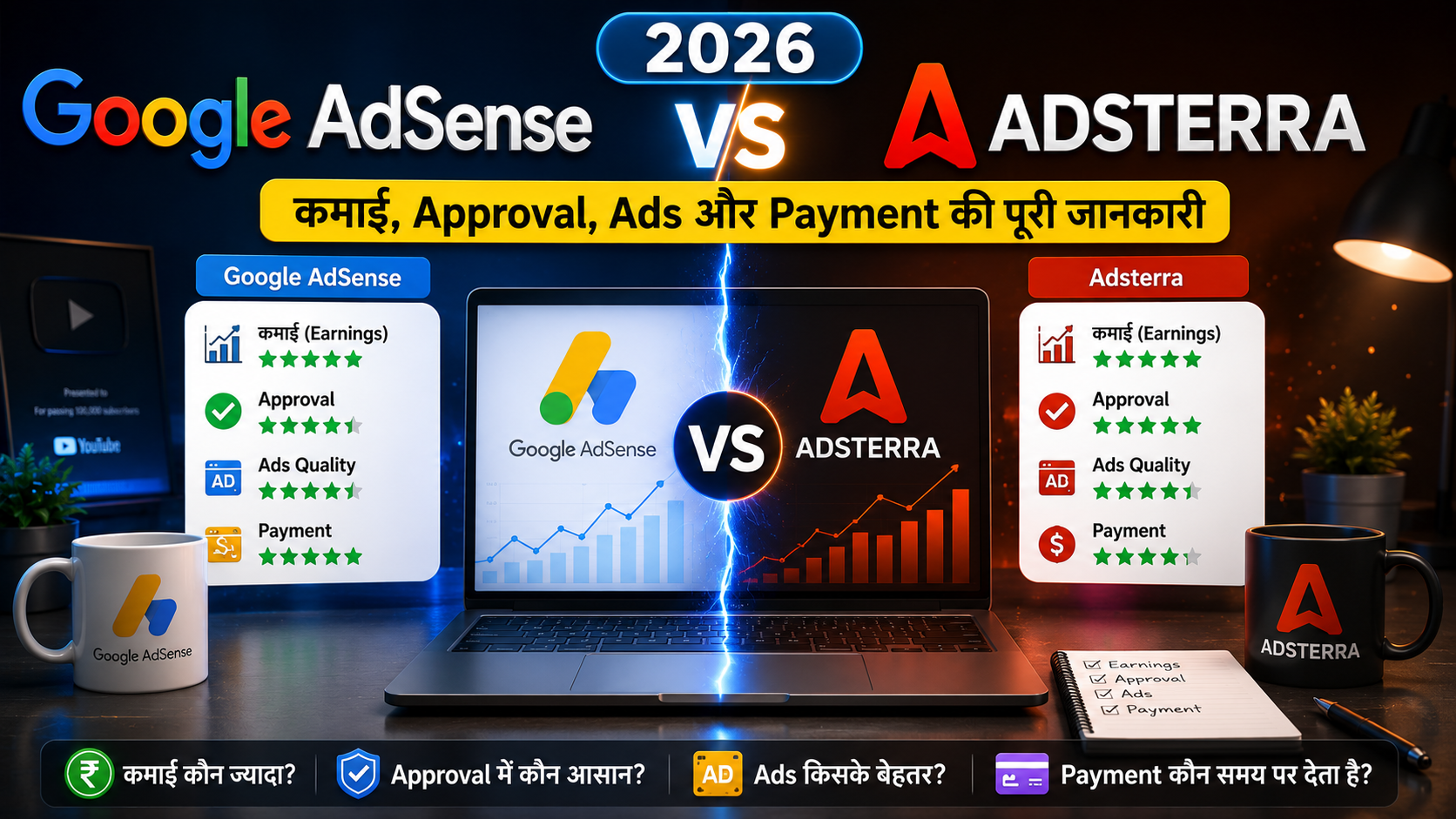 Google AdSense vs Adsterra 2026: कमाई, Approval, Ads और Payment की पूरी जानकारी