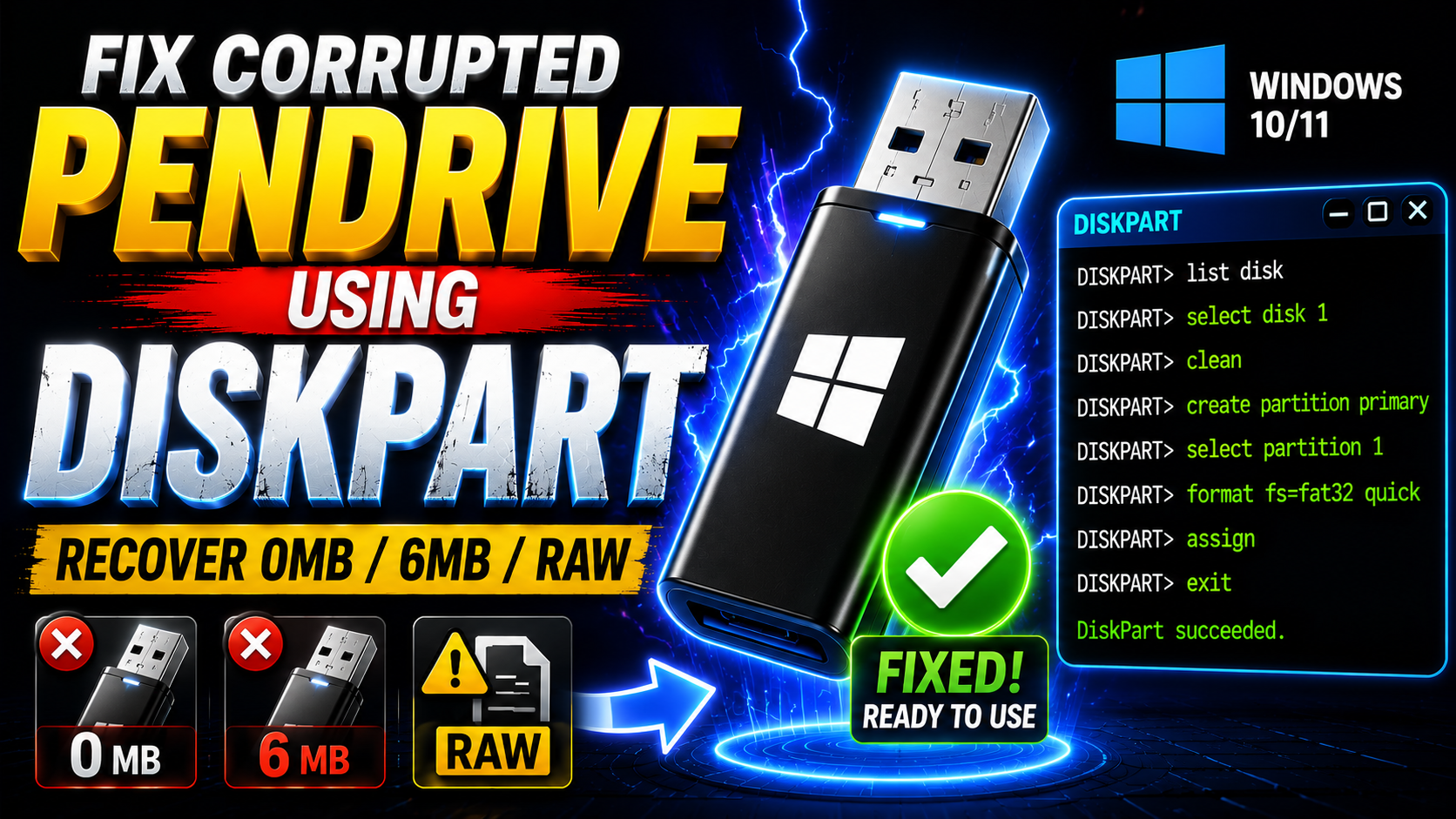 DiskPart की मदद से Corrupted USB Drive कैसे ठीक करें (2026 Guide) | 0 MB, RAW और No Media Fix