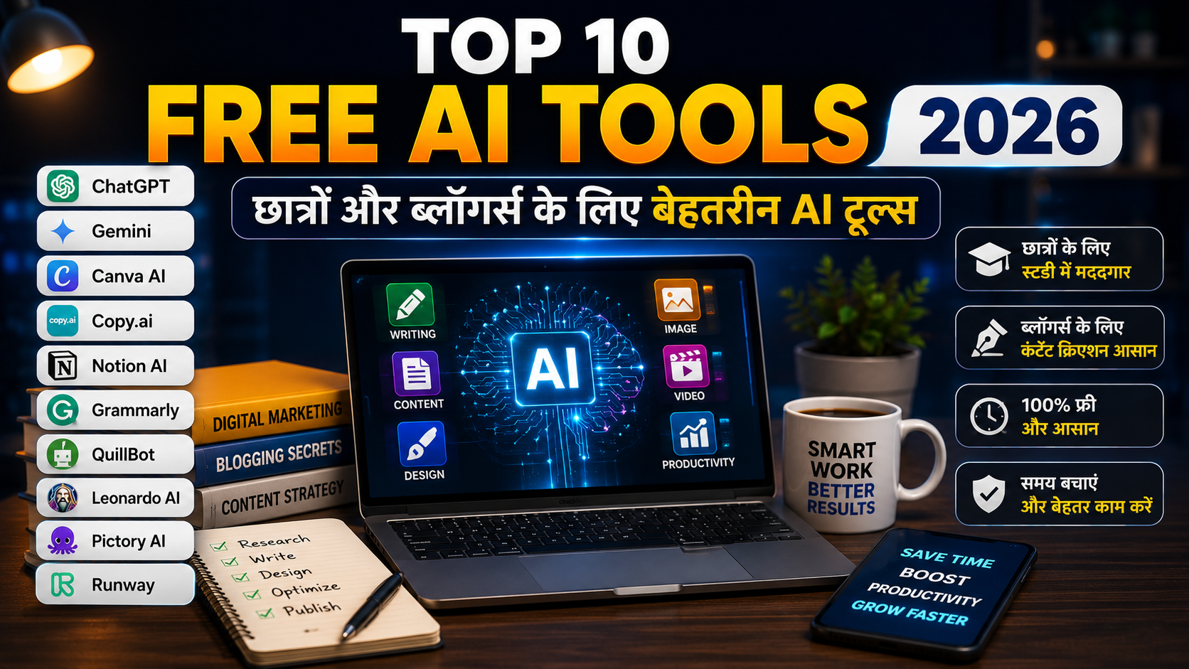 Top 10 Free AI Tools 2026: छात्रों और ब्लॉगर्स के लिए बेहतरीन AI टूल्स
